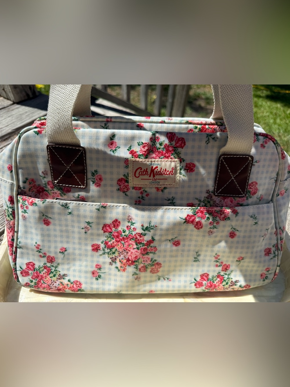 Cath Kidston Blue Gingham Floral Tote with Pink Roses